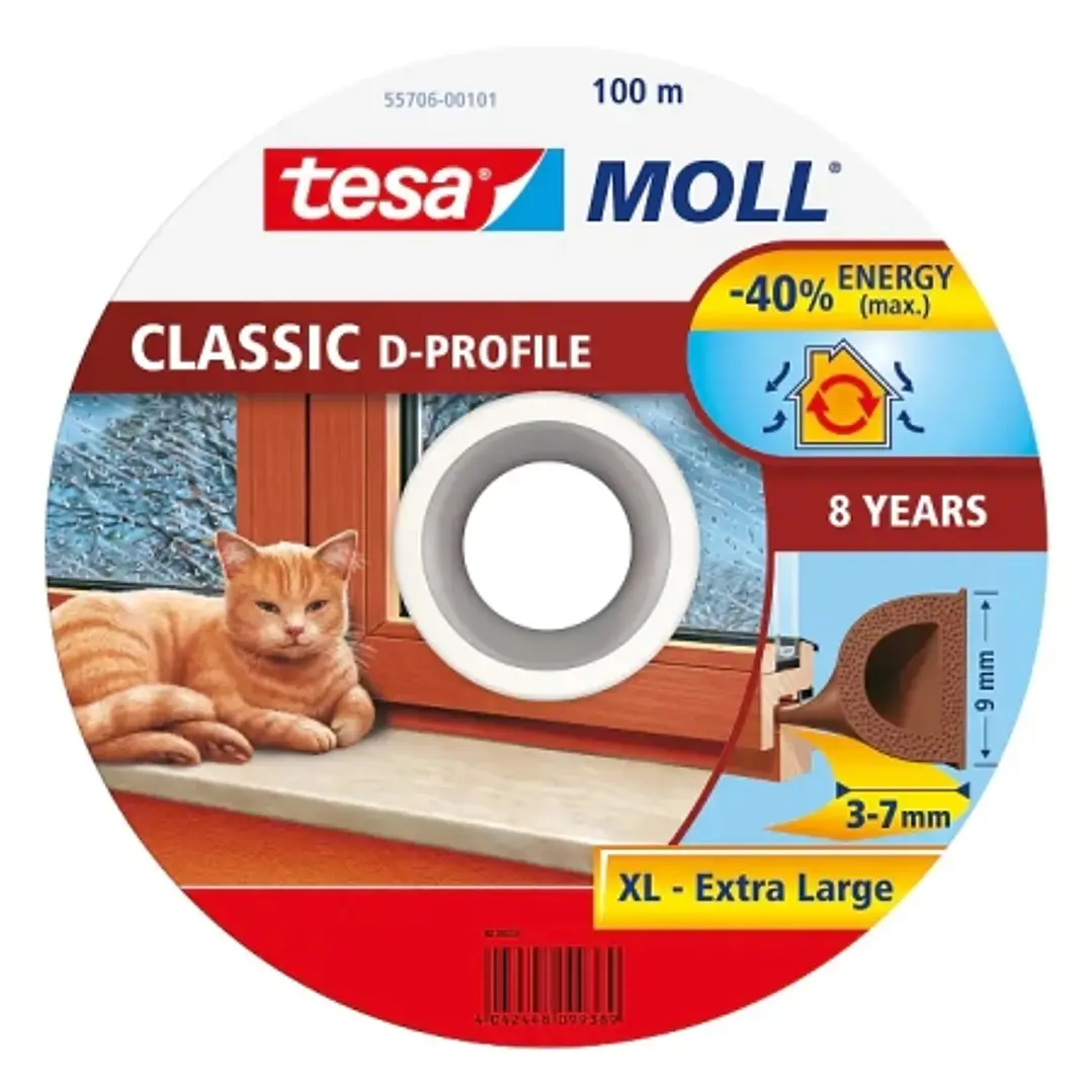 Tesa Moll Classic D-Perfil Burlete para Ventanas Perfil D 100m x 9mm x 4mm - Color Marron 1