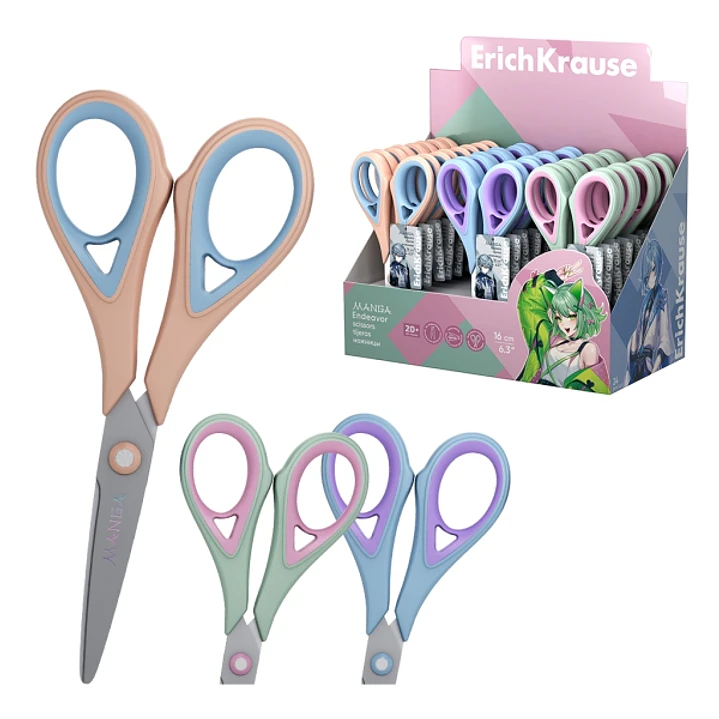 ErichKrause Endeavor Manga Expositor con 24 Tijeras de 16cm - Mangos de Plastico y Goma Antideslizante - Cuchillas en Forma de Arco - Ergonomicas - Ac 1