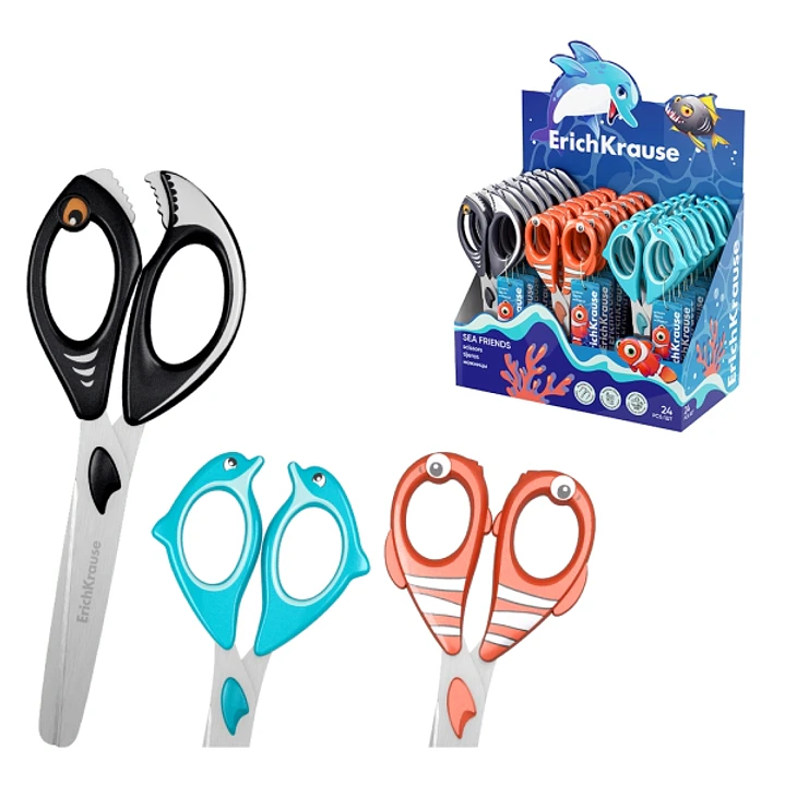 ErichKrause Sea Friends Expositor con 24 Tijeras de 14.5cm - Puntas Redondeadas - Mangos de Plastico Resistente a Golpes con Forma - Acero Inoxidable  1