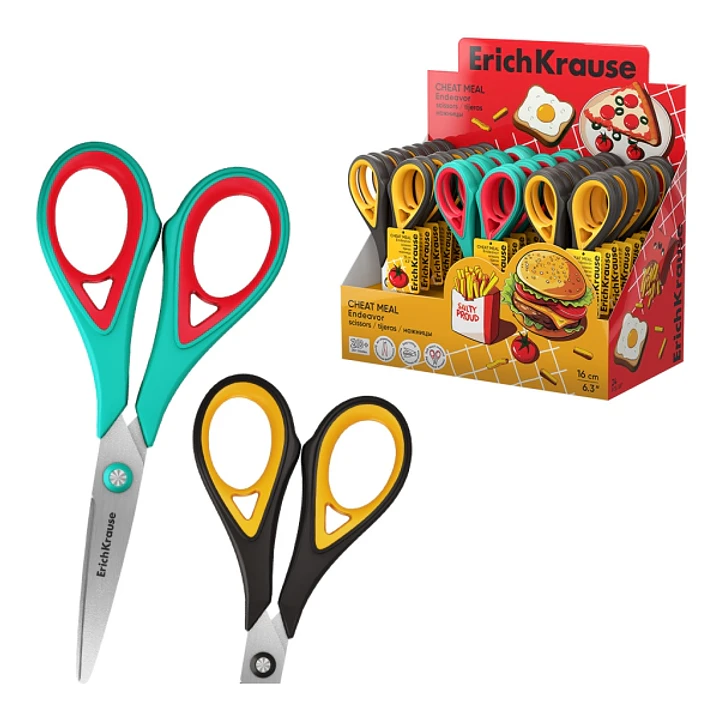 ErichKrause Endeavor Cheat Meal Expositor con 24 Tijeras de 16cm - Mangos de Plastico y Goma Antideslizante - Cuchillas en Forma de Arco - Ergonomicas 1