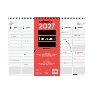 Finocam Neutro Vade Calendario en Catalan - Anual 2027 - Semana Vista Vertical - 420x310mm - Espiral Doble - Papel de 90g/m2 - Espacio para Notas - Ta