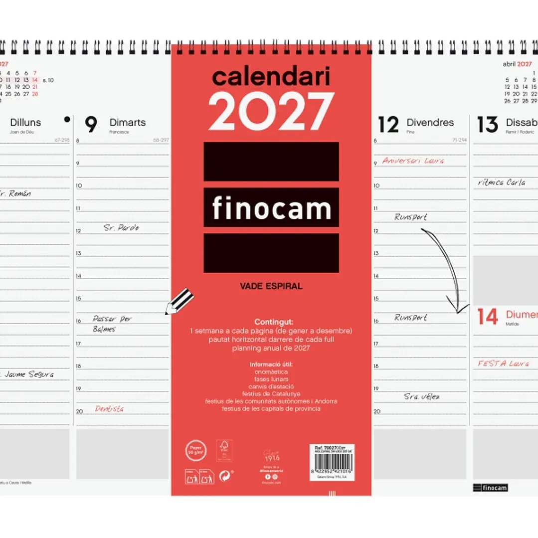 Finocam Neutro Vade Calendario en Catalan - Anual 2027 - Semana Vista Vertical - 420x310mm - Espiral Doble - Papel de 90g/m2 - Espacio para Notas - Ta 1
