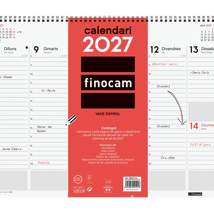 Finocam Neutro Vade Calendario en Catalan - Anual 2027 - Semana Vista Vertical - 420x310mm - Espiral Doble - Papel de 90g/m2 - Espacio para Notas - Ta 1