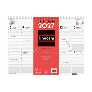 Finocam Neutro Vade Calendario - Anual 2027 - Semana Vista Vertical - 420x310mm - Espiral Doble - Papel de 90g/m2 - Espacio para Notas - Tapas de Poli