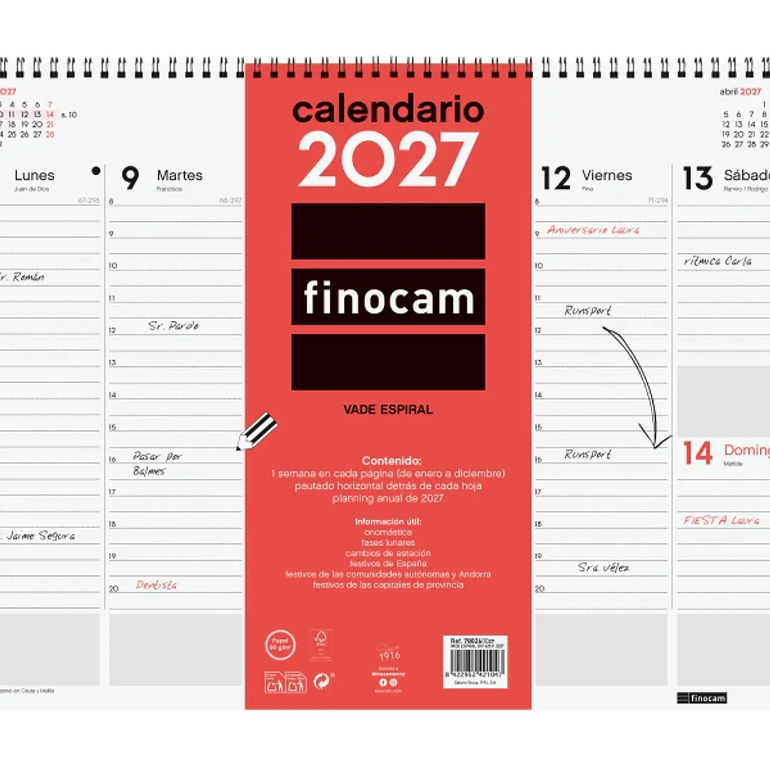 Finocam Neutro Vade Calendario - Anual 2027 - Semana Vista Vertical - 420x310mm - Espiral Doble - Papel de 90g/m2 - Espacio para Notas - Tapas de Poli 1