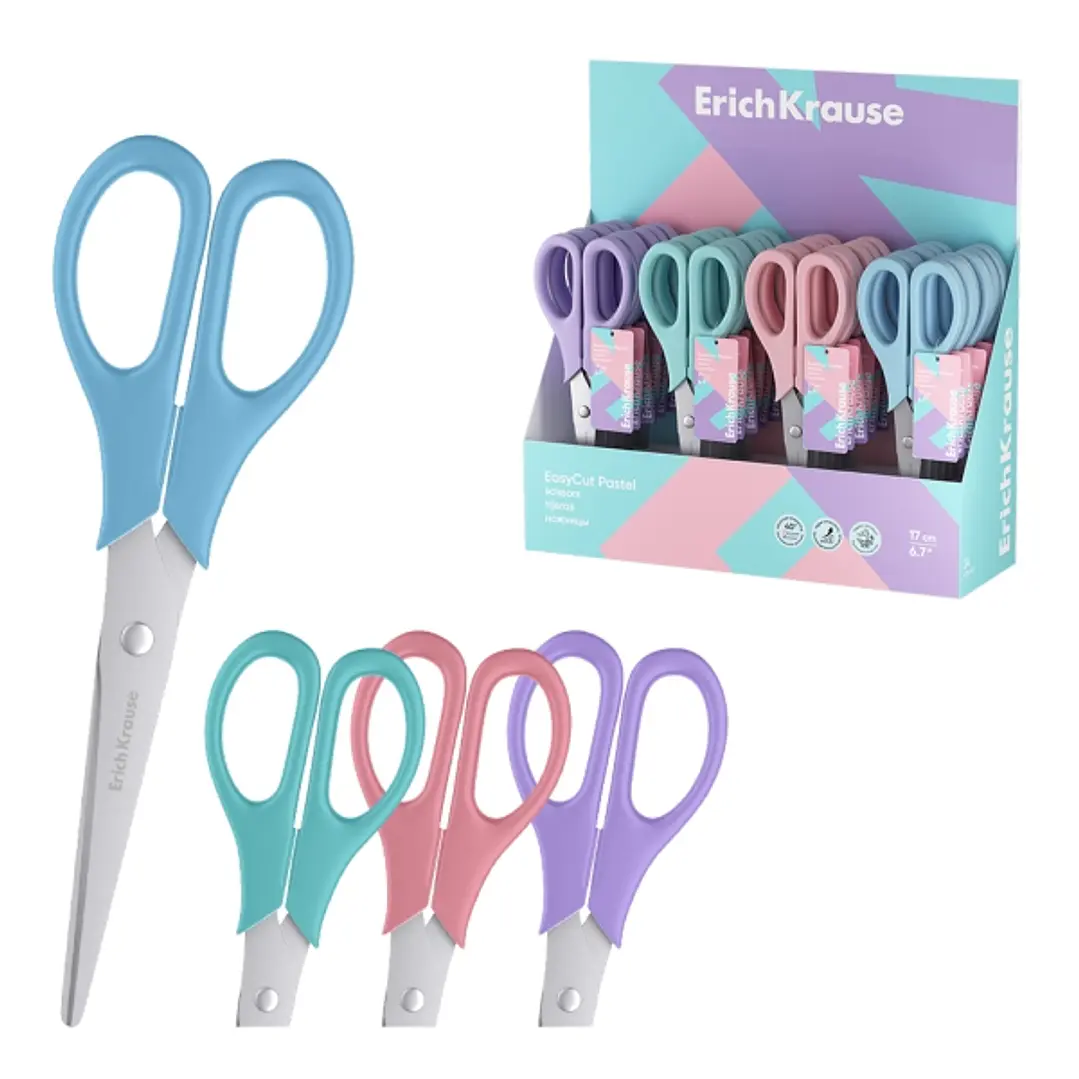 ErichKrause EasyCut Pastel Expositor con 24 Tijeras de 17cm - Mangos de Plastico Resistente a Golpes - Ergonomicas - Colores Surtidos 1
