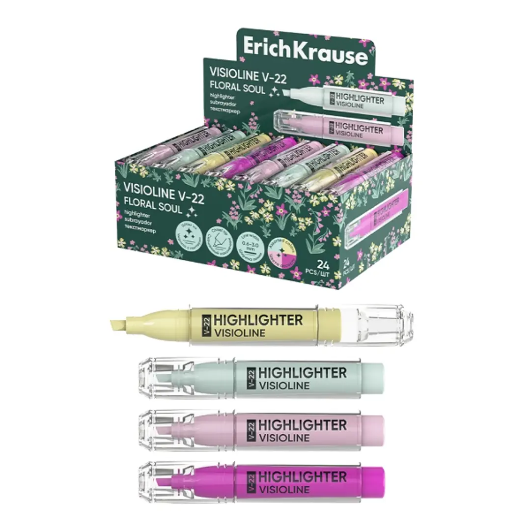 ErichKrause Visioline V-22 Floral Soul Expositor con 24 Marcadores Fluorescentes - Punta Biselada - Trazo de 0.6 a 3.0mm - Colores Surtidos 1