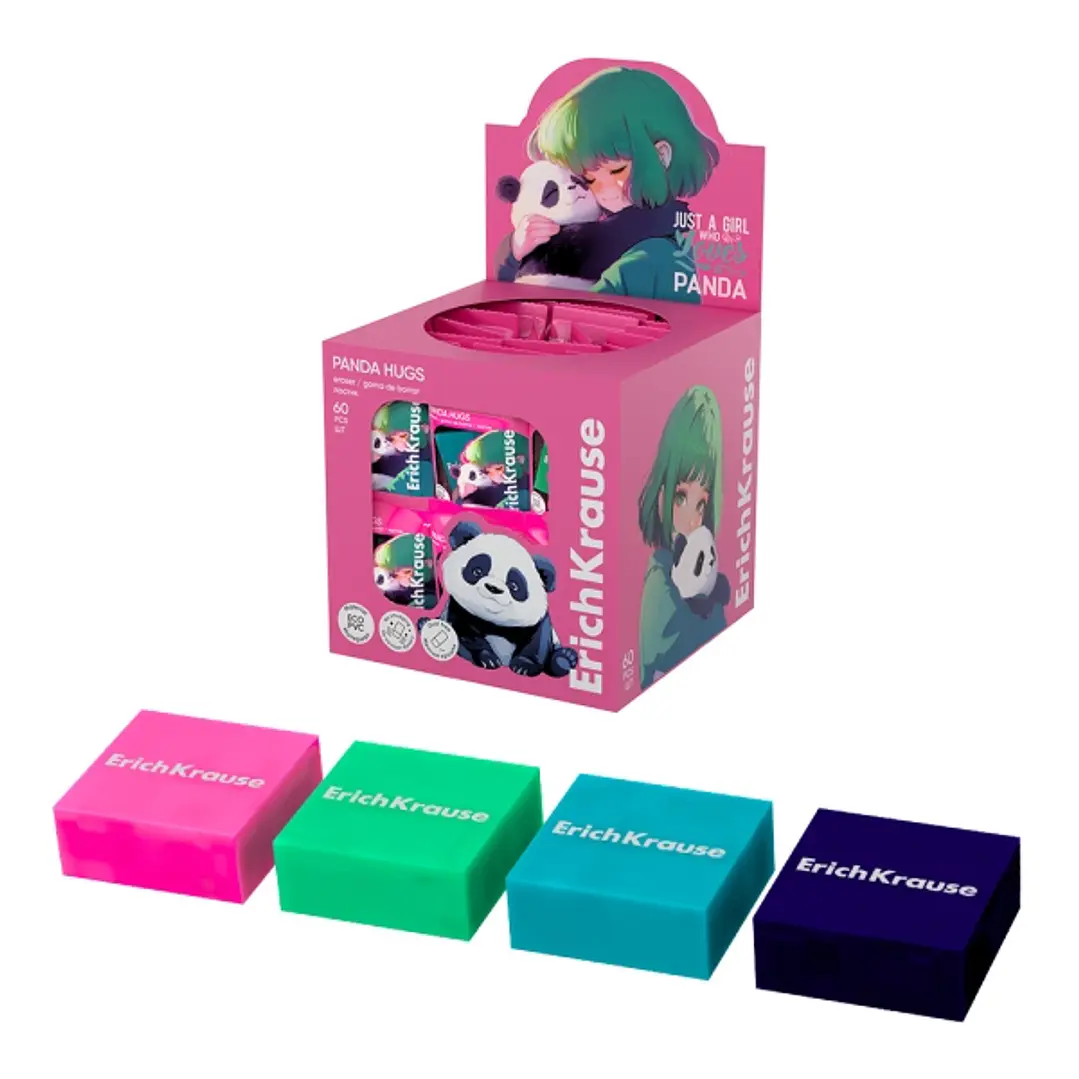 ErichKrause Panda Hugs Expositor con 60 Gomas de Borrar - PVC Ecologico - Hipoalergenico - No Deja Residuos - Colores Surtidos 1