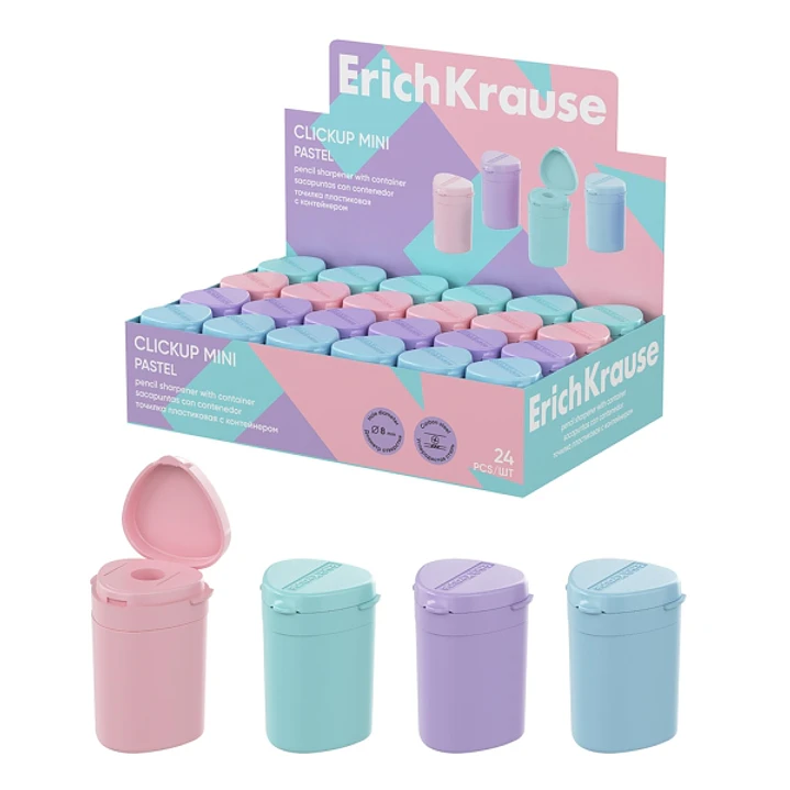 ErichKrause ClickUp Mini Pastel Expositor con 24 Sacapuntas con Contenedor - Plastico - Cuchilla Niquelada de Acero al Carbono - Orificio de 8mm - Col 1