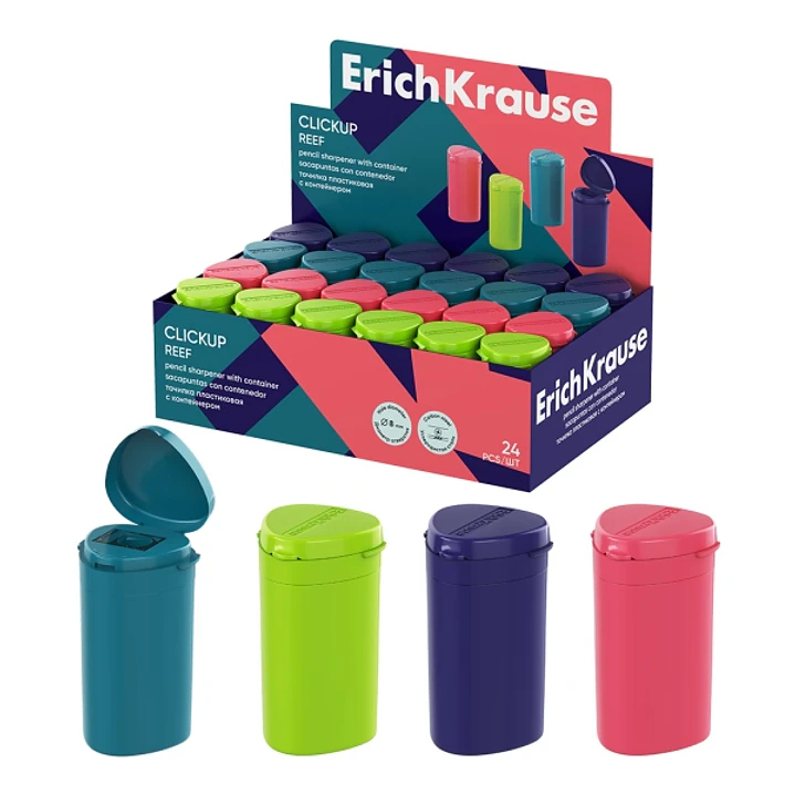 ErichKrause ClickUp Reef Expositor con 24 Sacapuntas con Contenedor - Plastico - Cuchilla Niquelada de Acero al Carbono - Orificio de 8mm - Colores Su 1
