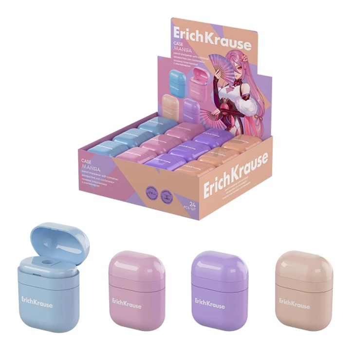 ErichKrause Case Manga Expositor con 24 Sacapuntas con Contenedor - Plastico - Cuchilla Niquelada de Acero al Carbono - Orificio de 8mm - Colores Surt 1