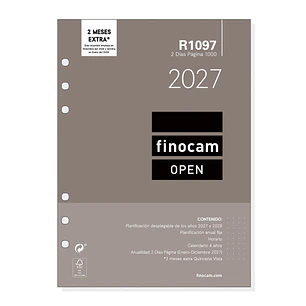 Finocam R1097 Recambio para Agenda Open - Anual 2027 - 2 Dias por Pagina - Formato 1000 - 155x215mm - 6 Taladros - Papel de 80g/m2 - Color Blanco