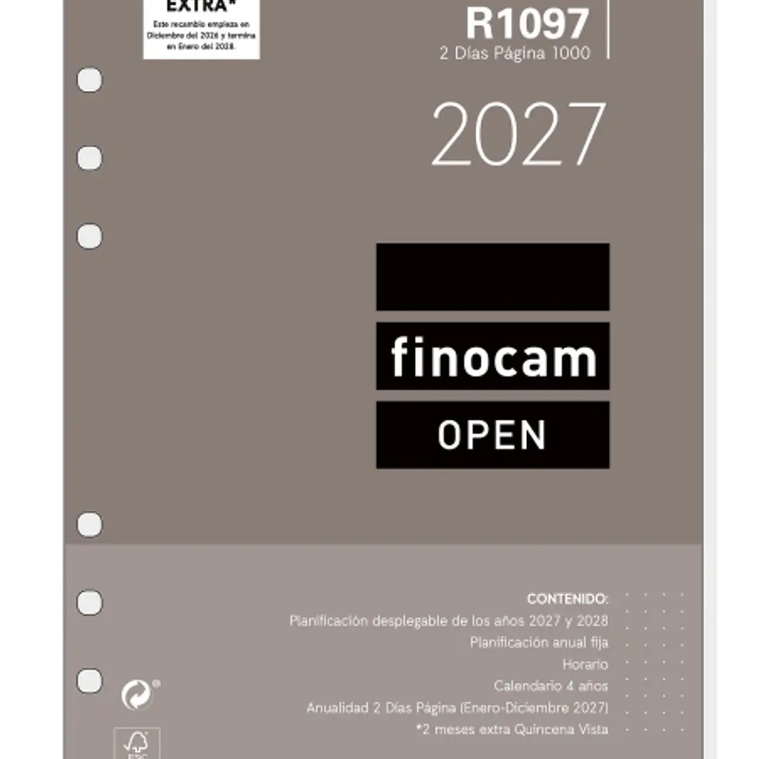 Finocam R1097 Recambio para Agenda Open - Anual 2027 - 2 Dias por Pagina - Formato 1000 - 155x215mm - 6 Taladros - Papel de 80g/m2 - Color Blanco 1
