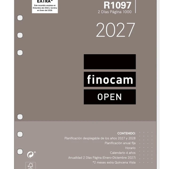 Finocam R1097 Recambio para Agenda Open - Anual 2027 - 2 Dias por Pagina - Formato 1000 - 155x215mm - 6 Taladros - Papel de 80g/m2 - Color Blanco 1