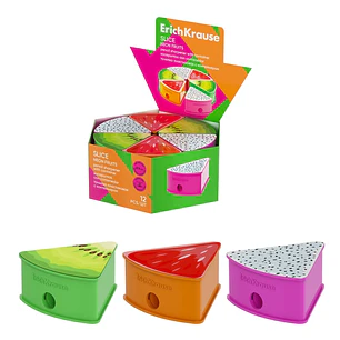 ErichKrause Slice Neon Fruits Expositor con 12 Sacapuntas con Contenedor - Plastico - Cuchilla Niquelada de Acero al Carbono - Orificio de 8mm - Color