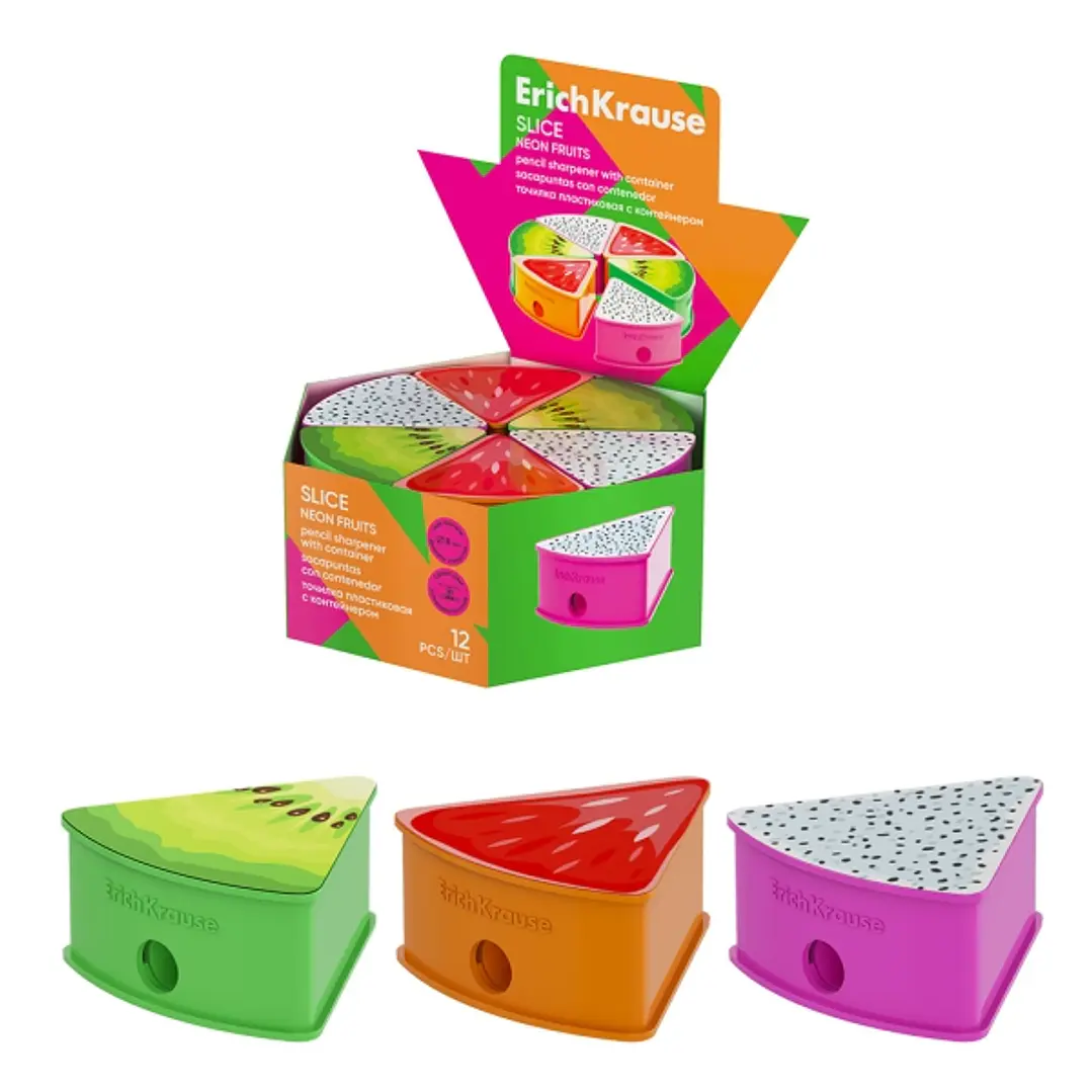 ErichKrause Slice Neon Fruits Expositor con 12 Sacapuntas con Contenedor - Plastico - Cuchilla Niquelada de Acero al Carbono - Orificio de 8mm - Color 1