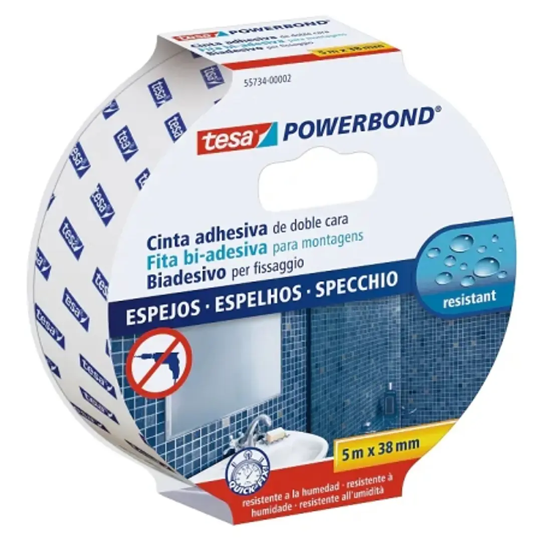 Tesa Powerbond Espejos Cinta Adhesiva de Doble Cara Especial para Espejos 38mm x 5m - Color Blanco 1