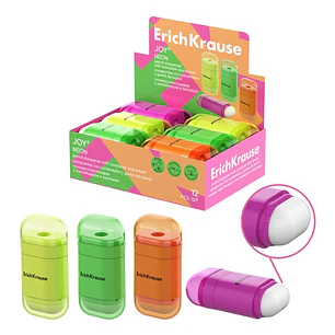 ErichKrause JOY Neon Expositor con 12 Sacapuntas con Contenedor - Goma de Borrar - Plastico - Cuchilla Niquelada de Acero al Carbono - Orificio de 8mm