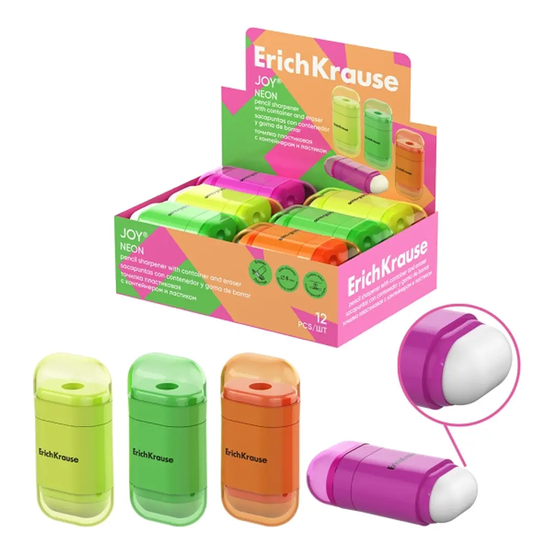 ErichKrause JOY Neon Expositor con 12 Sacapuntas con Contenedor - Goma de Borrar - Plastico - Cuchilla Niquelada de Acero al Carbono - Orificio de 8mm 1
