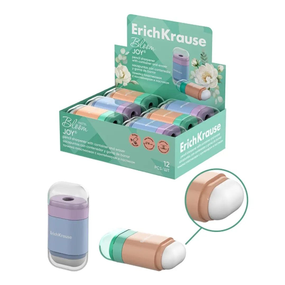 ErichKrause JOY Pastel Bloom Expositor con 12 Sacapuntas con Contenedor - Goma de Borrar - Plastico - Cuchilla Niquelada de Acero al Carbono - Orifici 1