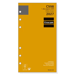 Finocam C998 Recambio para Agenda Classic - Anual 2027 - 1 Dia por Pagina - Formato 609 - 94x171mm - 6 Taladros - Papel de 70g/m2 - Esquinas Microperf