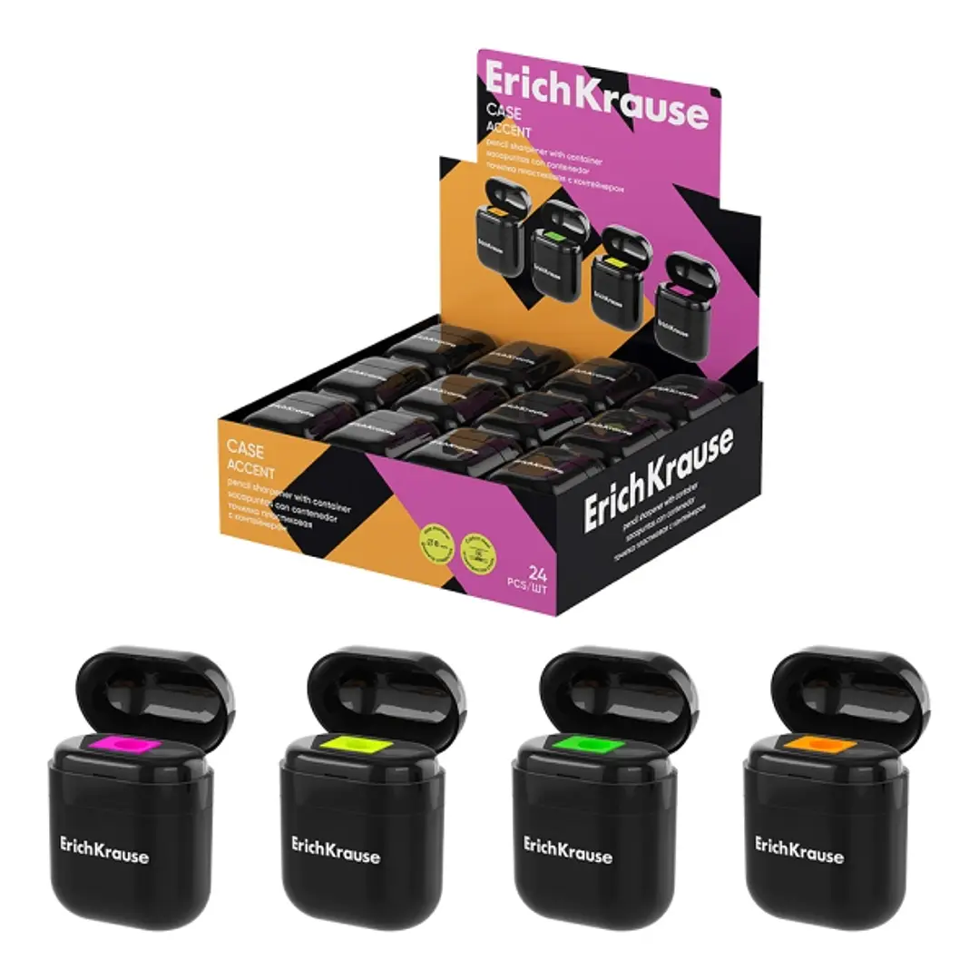 ErichKrause Case Accent Expositor con 24 Sacapuntas con Contenedor - Plastico - Cuchilla Niquelada de Acero al Carbono - Orificio de 8mm - Colores Sur 1