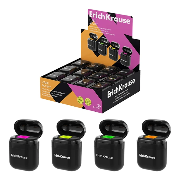 ErichKrause Case Accent Expositor con 24 Sacapuntas con Contenedor - Plastico - Cuchilla Niquelada de Acero al Carbono - Orificio de 8mm - Colores Sur 1