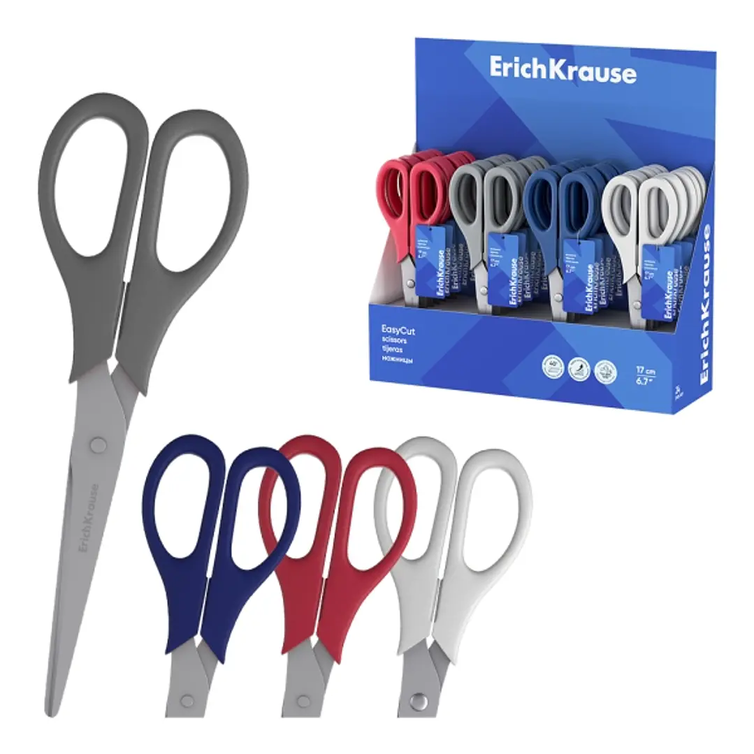 ErichKrause EasyCut Expositor con 24 Tijeras de 17cm - Mangos de Plastico Resistente a Golpes - Ergonomicas - Colores Surtidos 1