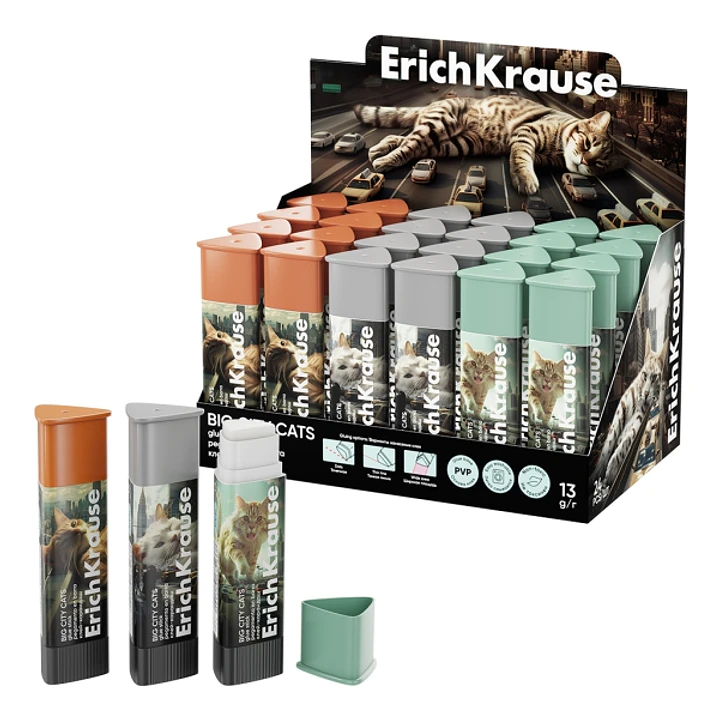 ErichKrause Prism Big City Cats Expositor con 24 Pegamentos en Barra - 13g - Adhesion Fuerte - Secado Rapido - Multisuperficie - Color Blanco 1