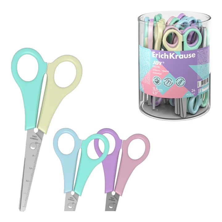 ErichKrause JOY Pastel Expositor con 24 Tijeras de 13.5cm - Puntas Redondeadas - Regla de 5cm en la Hoja - Mangos de Plastico Resistente a Golpes - Ac 1