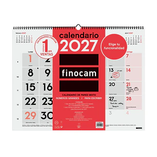 Finocam Neutro Calendario de Pared - Anual 2027 - Mes Vista - Formato XL - 540x420mm - Espiral Doble - Papel de 135g/m2 - Espacio para Escribir - Nume