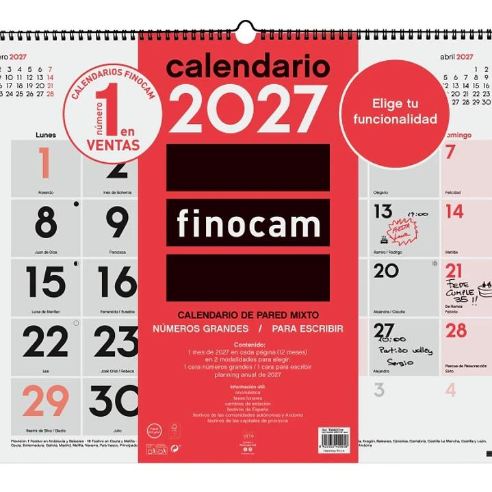Finocam Neutro Calendario de Pared - Anual 2027 - Mes Vista - Formato XL - 540x420mm - Espiral Doble - Papel de 135g/m2 - Espacio para Escribir - Nume 1