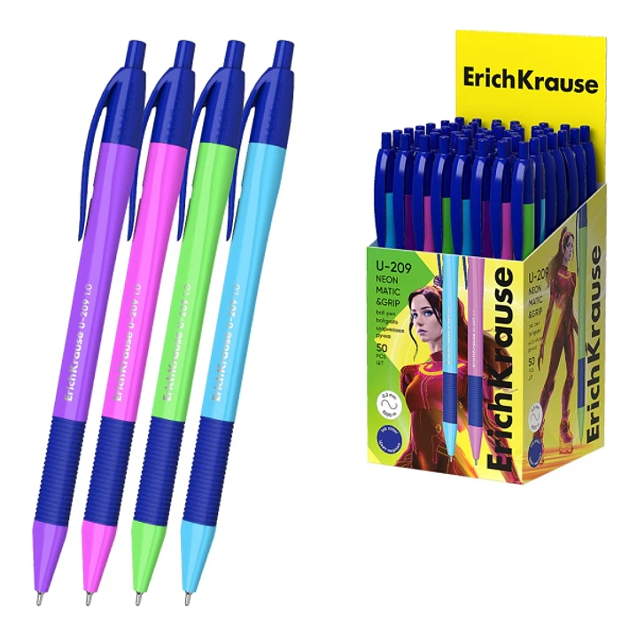 ErichKrause U-209 Matic and Grip Neon Boligrafo Retractil - Modelos Surtidos - Trazo 0.3mm - Zona de Agarre de Goma - Color Azul 1