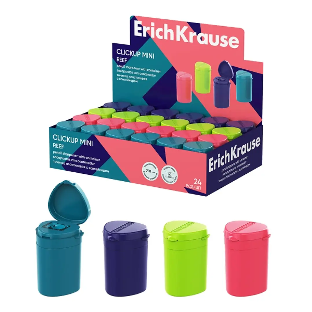 ErichKrause ClickUp Mini Reef Expositor con 24 Sacapuntas con Contenedor - Plastico - Cuchilla Niquelada de Acero al Carbono - Orificio de 8mm - Color 1