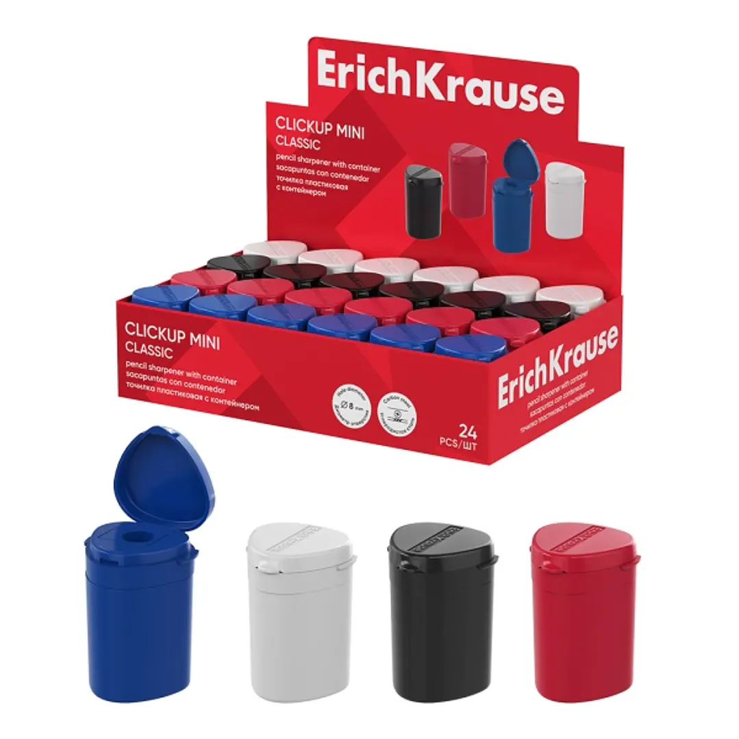 ErichKrause ClickUp Mini Classic Expositor con 24 Sacapuntas con Contenedor - Plastico - Cuchilla Niquelada de Acero al Carbono - Orificio de 8mm - Co 1