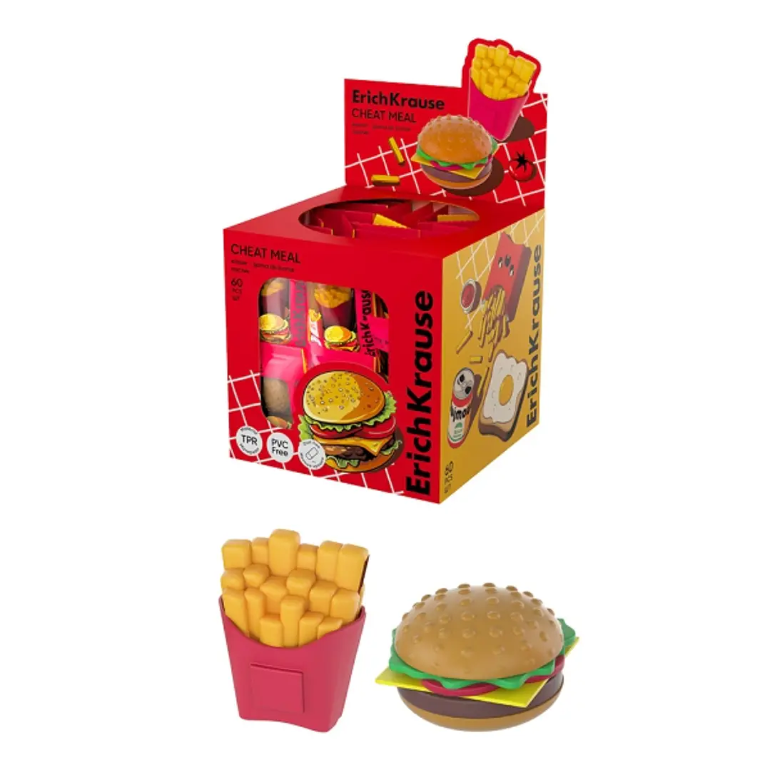ErichKrause Cheat Meal Expositor con 60 Gomas de Borrar - Caucho Termoplastico - No Deja Residuos - Libre de PVC - Colores Surtidos 1