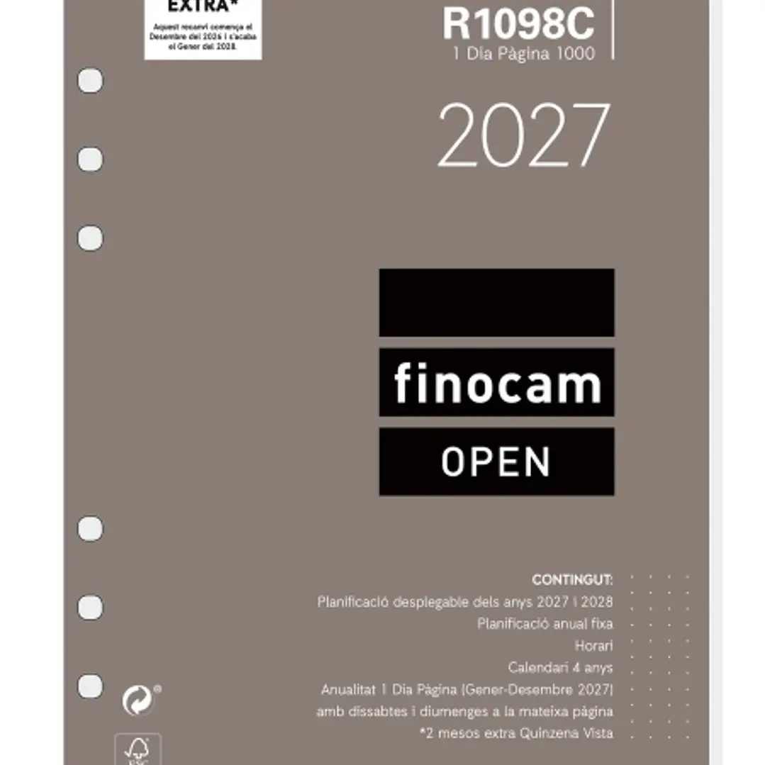 Finocam R1098C Recambio para Agenda Open en Catalan - Anual 2027 - 1 Dia por Pagina - Formato 1000 - 155x215mm - 6 Taladros - Papel de 70g/m2 - Color  1