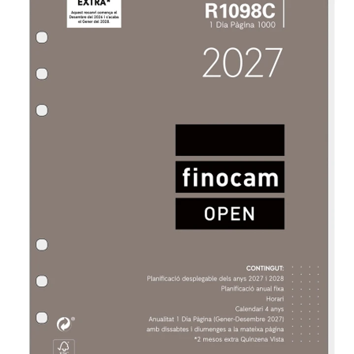 Finocam R1098C Recambio para Agenda Open en Catalan - Anual 2027 - 1 Dia por Pagina - Formato 1000 - 155x215mm - 6 Taladros - Papel de 70g/m2 - Color  1