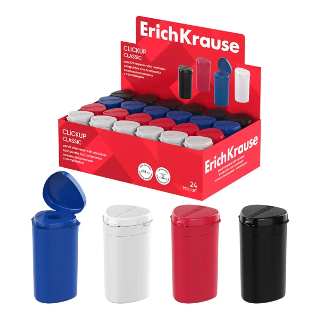 ErichKrause ClickUp Classic Expositor con 24 Sacapuntas con Contenedor - Plastico - Cuchilla Niquelada de Acero al Carbono - Orificio de 8mm - Colores 1