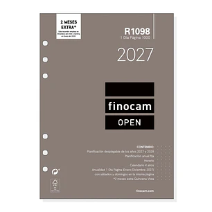 Finocam R1098 Recambio para Agenda Open - Anual 2027 - 1 Dia por Pagina - Formato 1000 - 155x215mm - 6 Taladros - Papel de 70g/m2 - Color Blanco