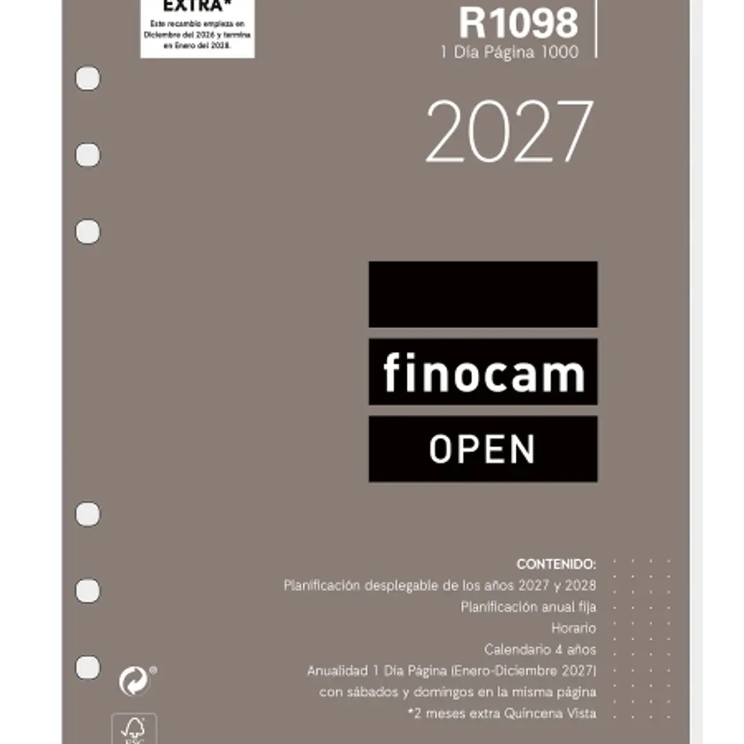 Finocam R1098 Recambio para Agenda Open - Anual 2027 - 1 Dia por Pagina - Formato 1000 - 155x215mm - 6 Taladros - Papel de 70g/m2 - Color Blanco 1