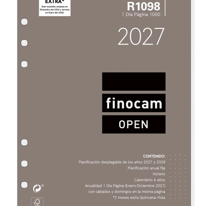 Finocam R1098 Recambio para Agenda Open - Anual 2027 - 1 Dia por Pagina - Formato 1000 - 155x215mm - 6 Taladros - Papel de 70g/m2 - Color Blanco 1