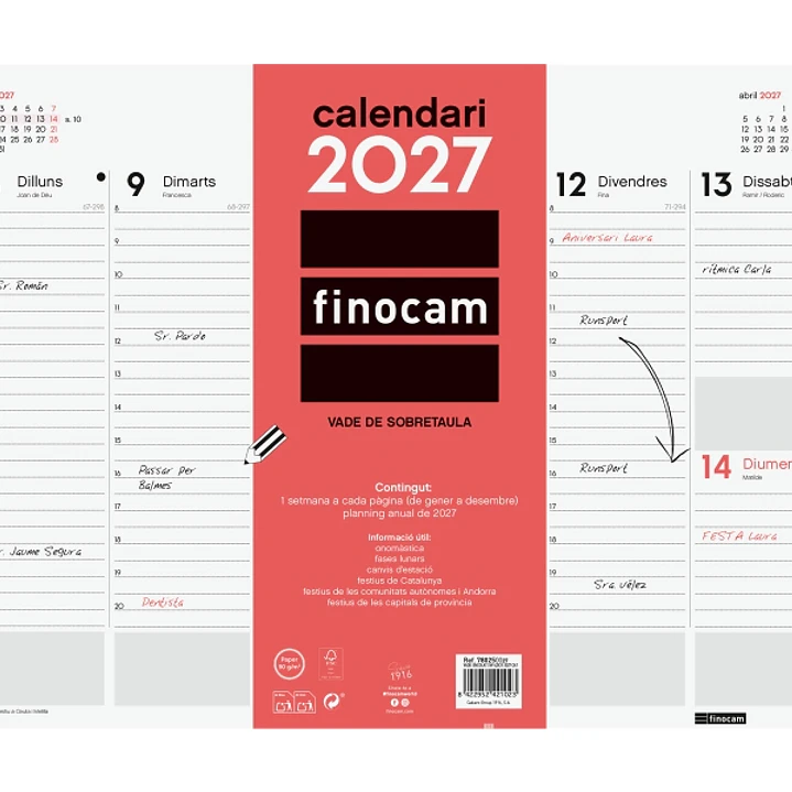 Finocam Neutro Vade Calendario en Catalan - Anual 2027 - Semana Vista Vertical - 420x310mm - Encolado - Papel de 90g/m2 - Espacio para Notas - Color R 1