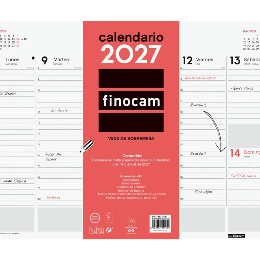 Finocam Neutro Vade Calendario - Anual 2027 - Semana Vista Vertical - 420x310mm - Encolado - Papel de 90g/m2 - Espacio para Notas - Color Rojo y Blanc 1