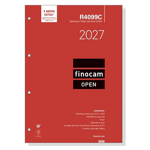 Finocam R4099C Recambio para Agenda Open en Catalan - Anual 2027 - Semana Vista Vertical - Formato A4 - 210x297mm - Papel de 80g/m2 - Color Blanco