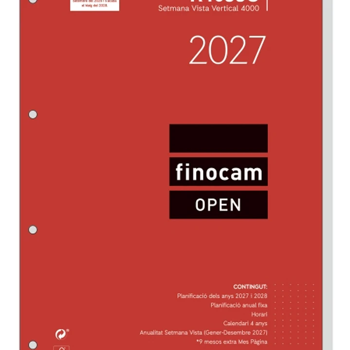 Finocam R4099C Recambio para Agenda Open en Catalan - Anual 2027 - Semana Vista Vertical - Formato A4 - 210x297mm - Papel de 80g/m2 - Color Blanco 1