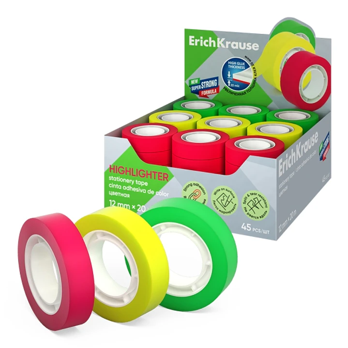 ErichKrause Highlighter Expositor con 45 Cintas Adhesivas - Alta Adhesion - 12mm de Ancho - 20 Metros - Superficie Mate Antideslumbrante - Colores Sur 1