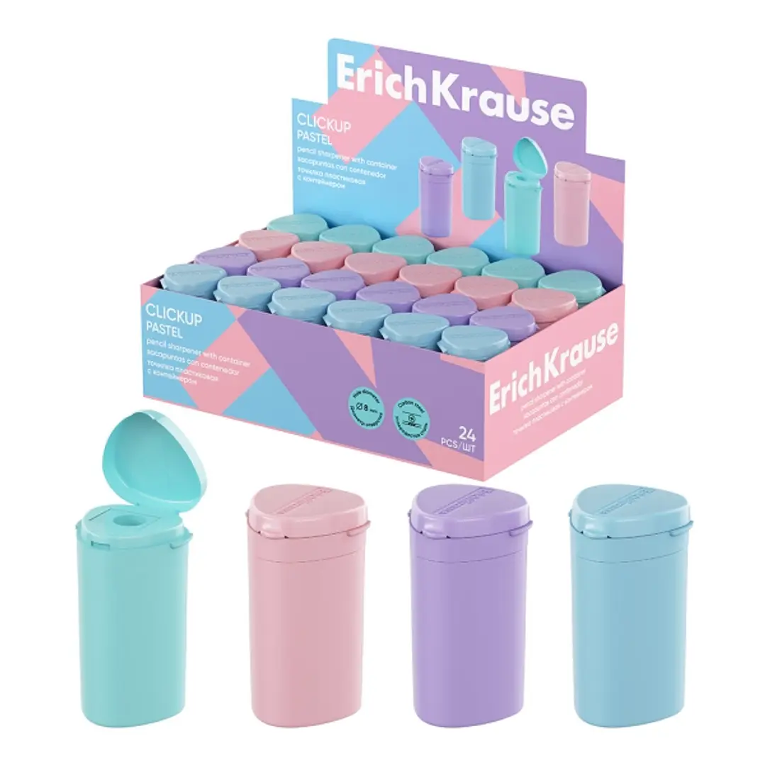 ErichKrause ClickUp Pastel Expositor con 24 Sacapuntas con Contenedor - Plastico - Cuchilla Niquelada de Acero al Carbono - Orificio de 8mm - Colores  1