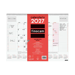 Finocam Neutro Vade Calendario - Anual 2027 - Mes Vista - 420x310mm - Espiral Doble - Papel de 150g/m2 - Espacio para Escribir - Color Rojo y Blanco