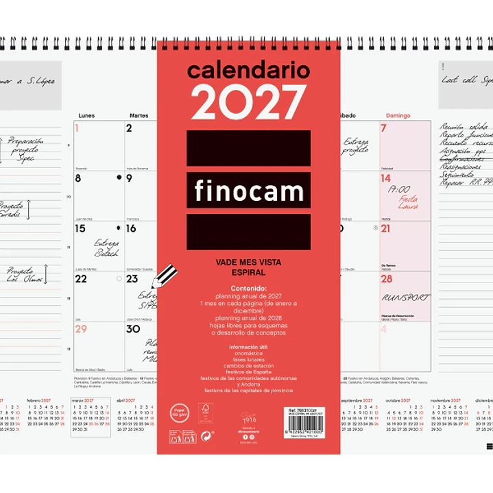 Finocam Neutro Vade Calendario - Anual 2027 - Mes Vista - 420x310mm - Espiral Doble - Papel de 150g/m2 - Espacio para Escribir - Color Rojo y Blanco 1